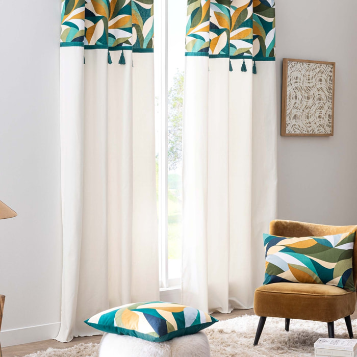 Coussin polycoton motif feuilles graphiques - Bleu