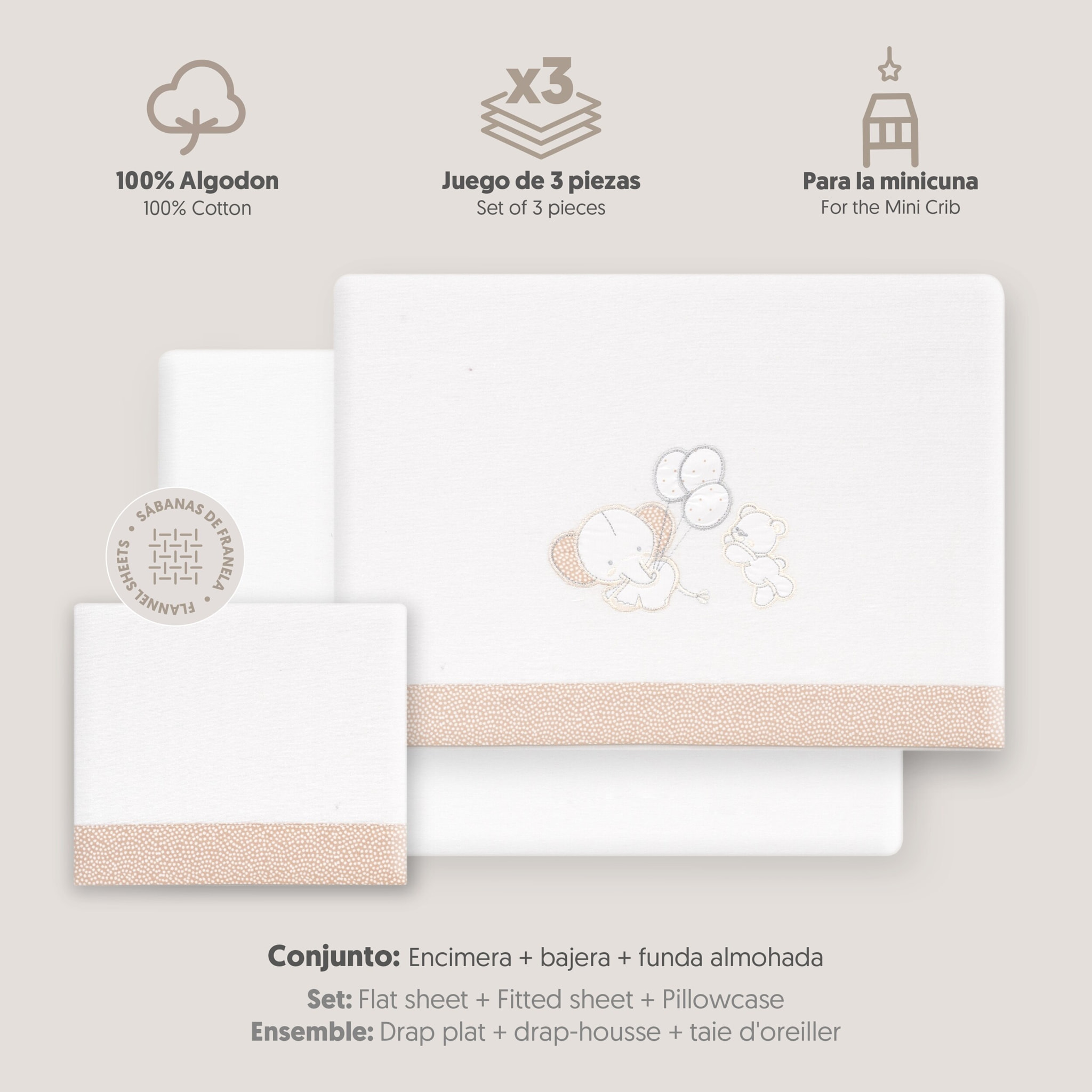 Triptico Minicuna Franela Oso Elefante Globos Bco/Beig