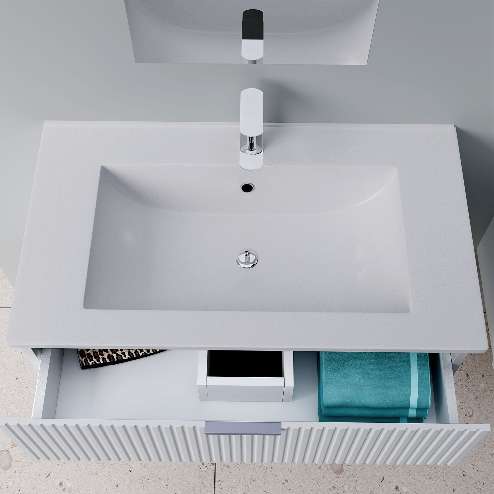 Pack Meuble salle de bain 80cm et Colonne de rangement - Façades Blanches Ondulées - MILO
