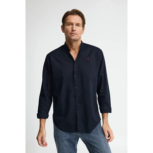 Camicia cotolino blu marino con collo alla coreana, regular fit e ricamo Rigby Go