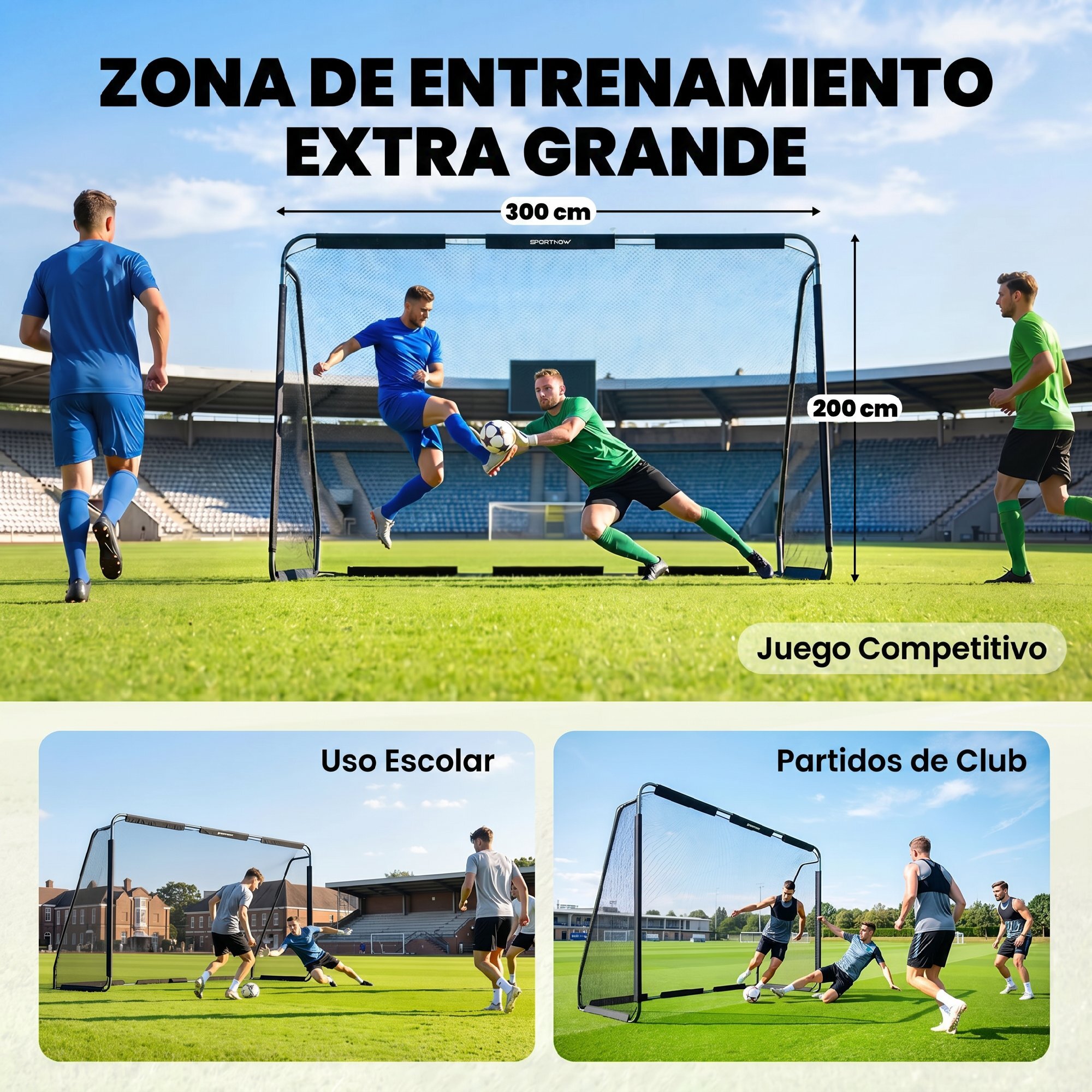 Portería de Fútbol, Portería de Fútbol para Jardín con Red de Poliéster Resistente, Piquetas para Suelo y Estructura Metálica, Montaje Fácil, para Interior y Exterior, 300x120x200 cm, Negro