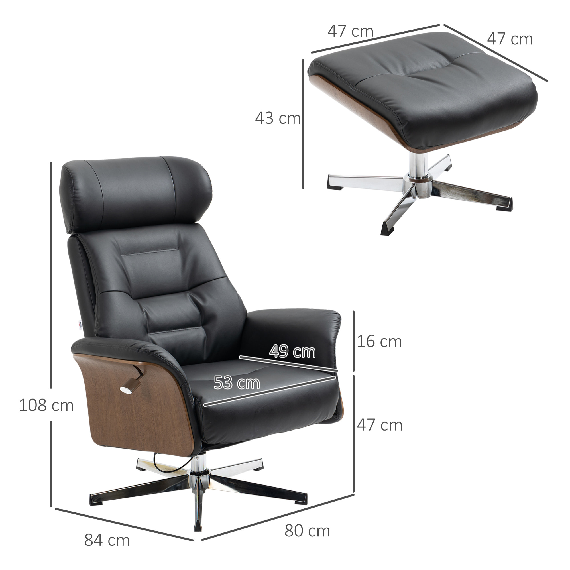 Fauteuil relax avec repose-pieds - ensemble lounge chair design - acier chromé bois eucalyptus synthétique noir