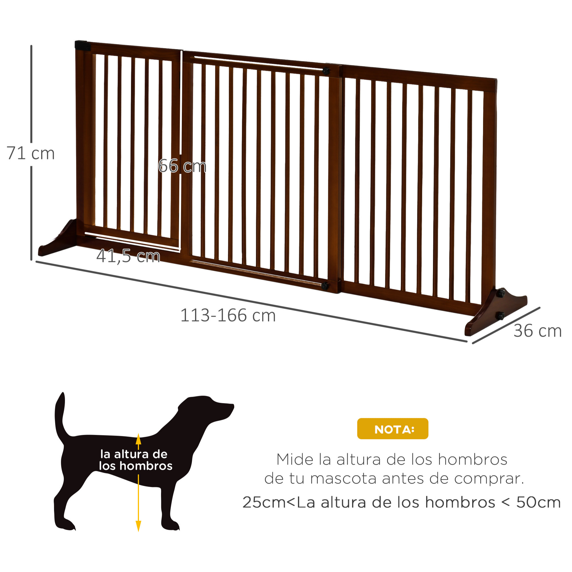 Barrera para Perros Extensible Barrera de Seguridad para Perros de 3 Paneles con Longitud Ajustable Marco de Madera y Soporte de Pie 113-166x36x71 cm Marrón