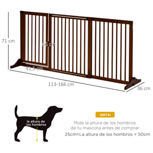 Barrera para Perros Extensible Barrera de Seguridad para Perros de 3 Paneles con Longitud Ajustable Marco de Madera y Soporte de Pie 113-166x36x71 cm Marrón