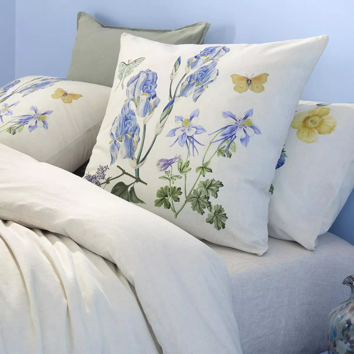 Taie d'oreiller lin & coton lavé 130 g/m² imprimé bleu jaune Iris d'ete naturel