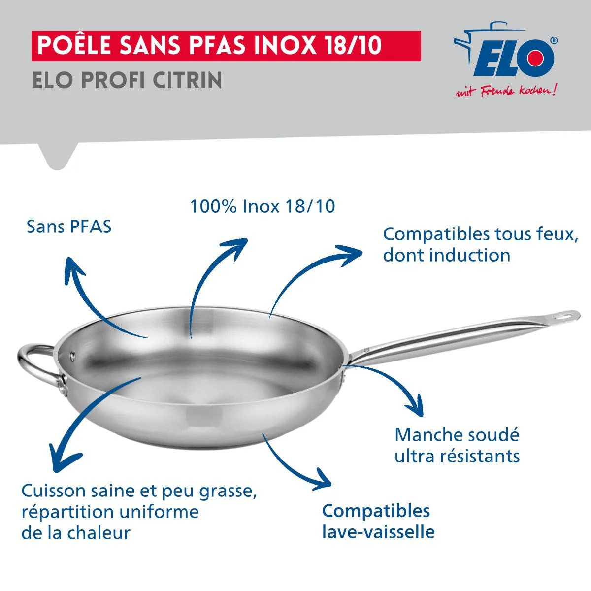 Ensemble de 1 Poêle de cuisson 32 cm et 3 faitouts 12, 14 et 20 cm Elo Profi Brillant