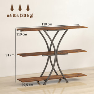 Mesa de Consola de 3 Niveles, Mesa de Sofá Industrial con 2 Estantes Abiertos y Marco Metálico en X, Consola para Recibidor Estrecha, para Salón, Pasillo, Entrada, Marrón Rústico