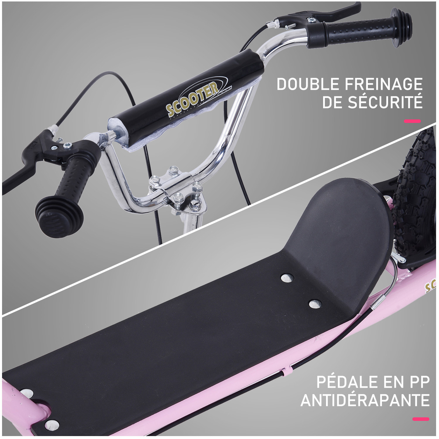 Trottinette patinette enfant à partir de 5 ans grands pneus guidon réglable poignées freins et béquille acier rose