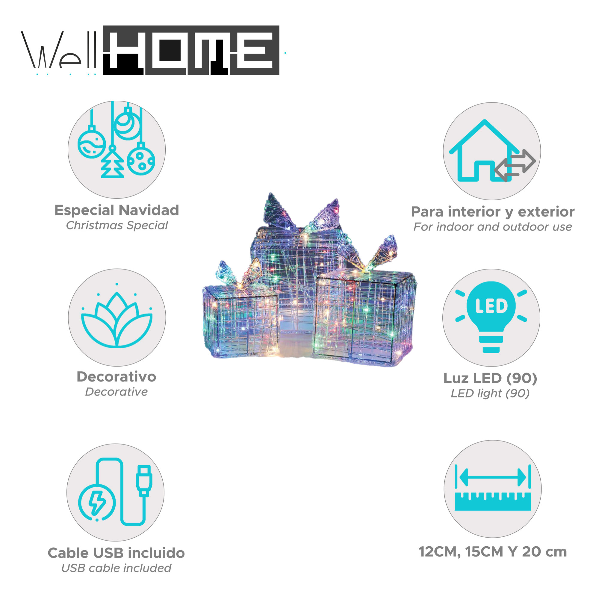 juego de 3 cajas de regalo luminosas con 90 micro leds multicolores