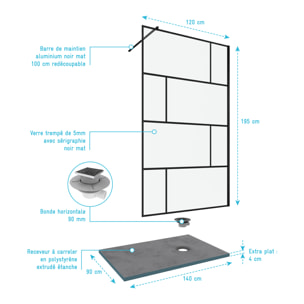 Pack Paroi de douche 120x195 cm + RECEVEUR DE DOUCHE A CARRELER 90x140 RECOUPABLE