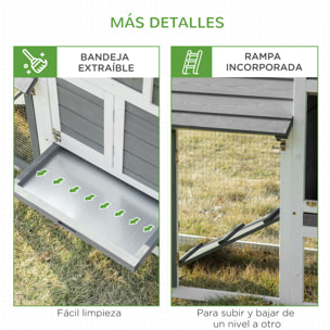 Gallinero de Madera para Exterior Jaula para 2-3 Gallineras con 2 Corrales de Alambre Techo Abrible Caja Nido Bandeja Extraíble y Rampa 150,5x54x87 cm Gris