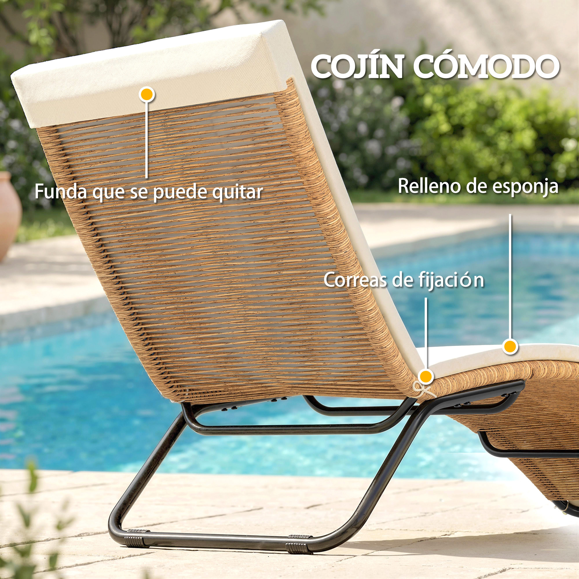 Tumbona de Ratán en Forma de S, Tumbona de Jardín Exterior con Cojín, Asiento Transpirable y Estructura de Acero, Carga 120 kg, para Patio, Playa, Terraza y Piscina, Blanco Crema