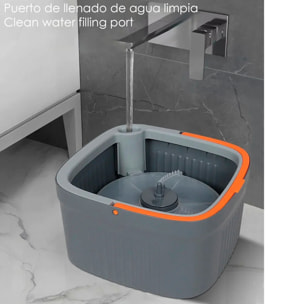 Mopa giratoria con cubo de separación de agua limpia y sucia, sistema manos libres y cabezal 360°. Apta para limpieza en seco y húmedo.
