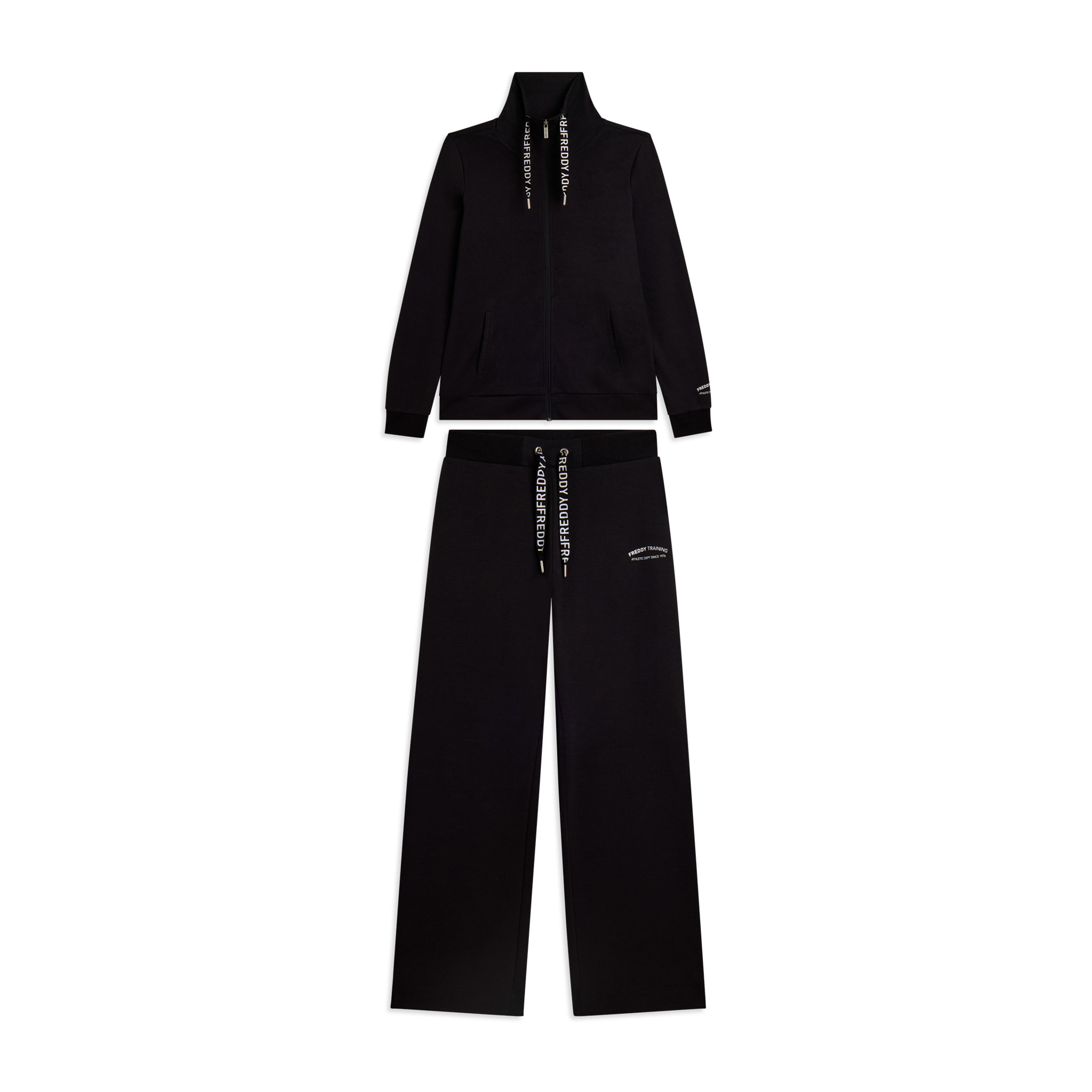 Tuta con zip e collo alto, pantaloni wide leg