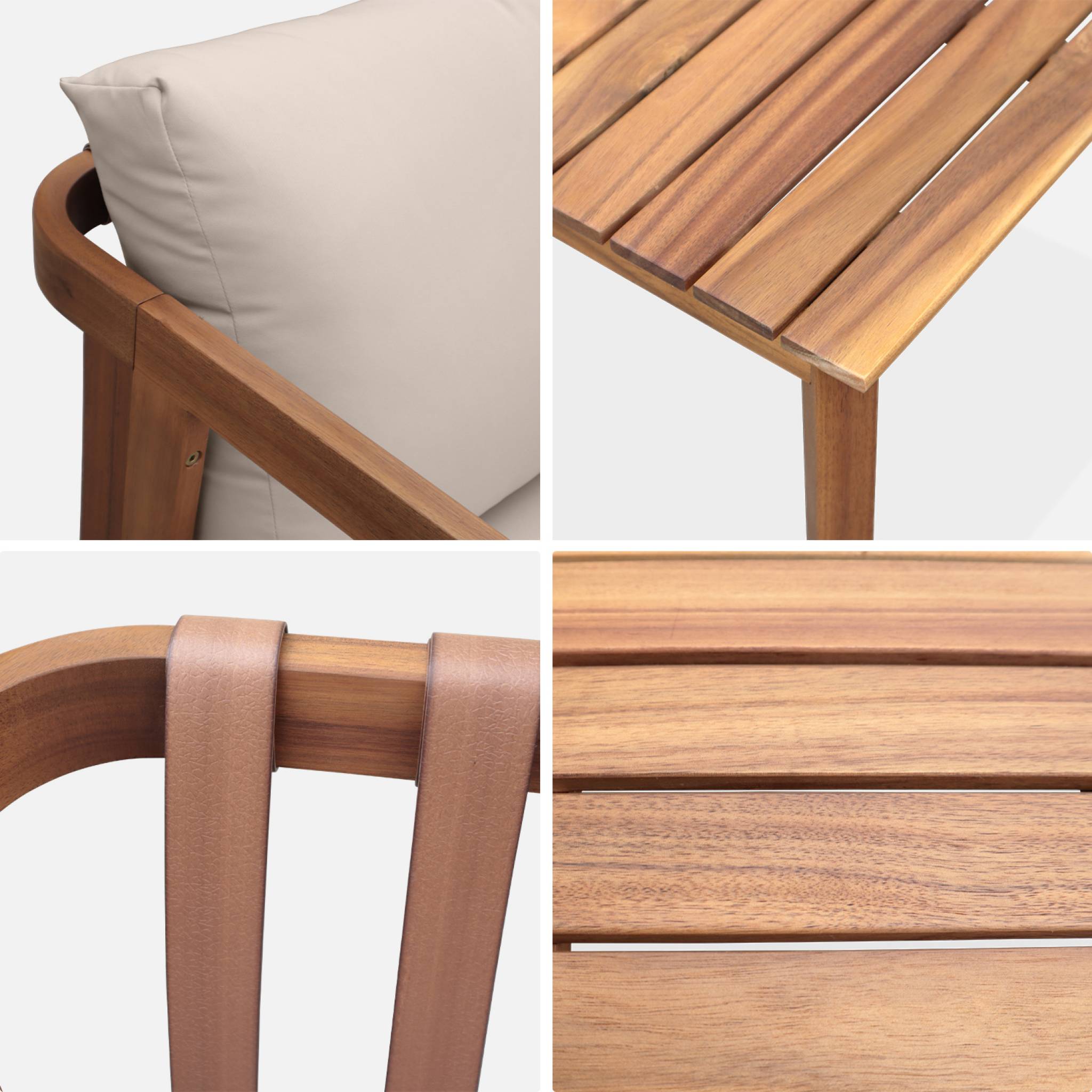 Salon de jardin beige 4 places LOBERIA. bois d'acacia dossier avec lanières effet cuir