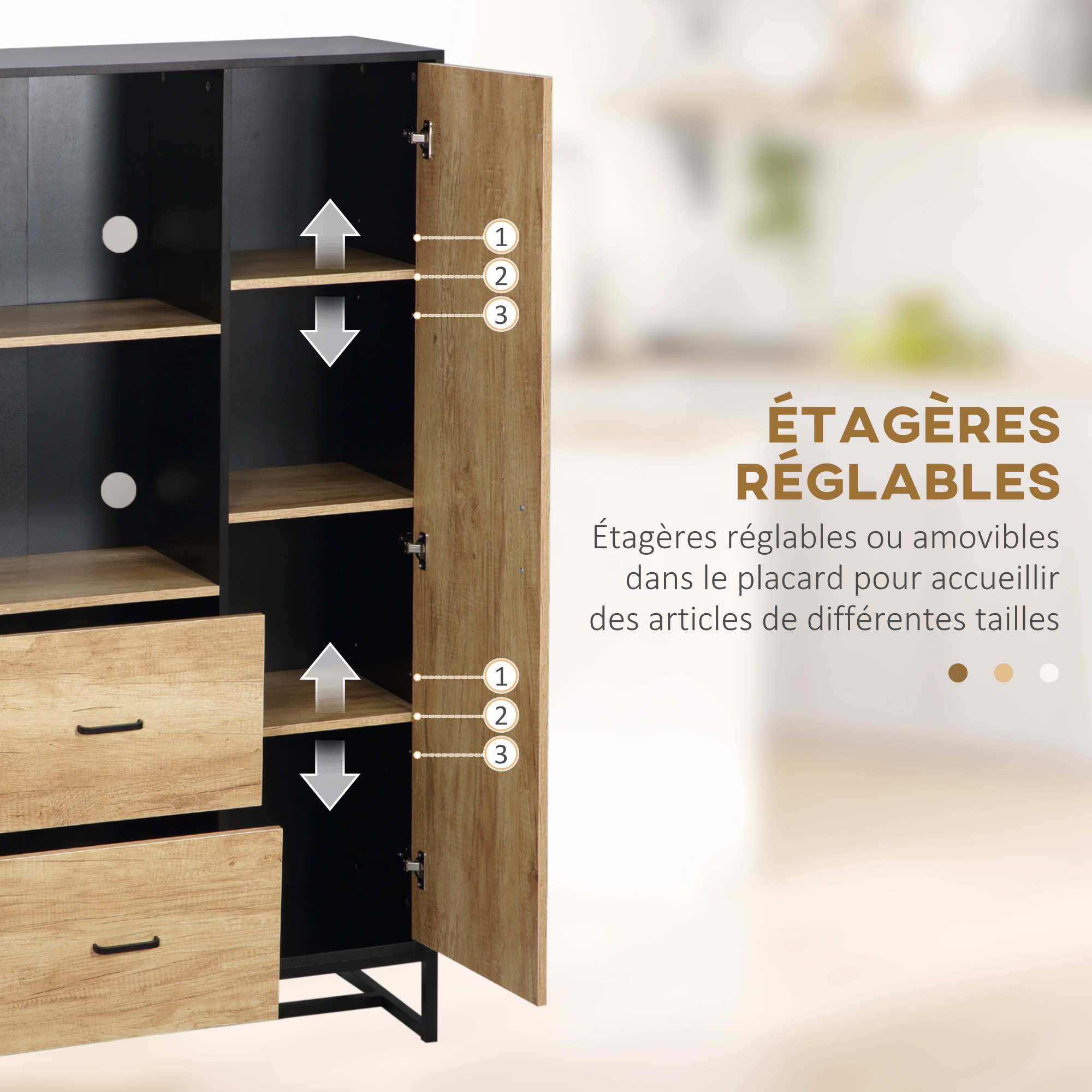 Buffet haut multi-rangement une porte 3 étagères 2 tiroirs 2 niches piètement acier noir aspect chêne clair