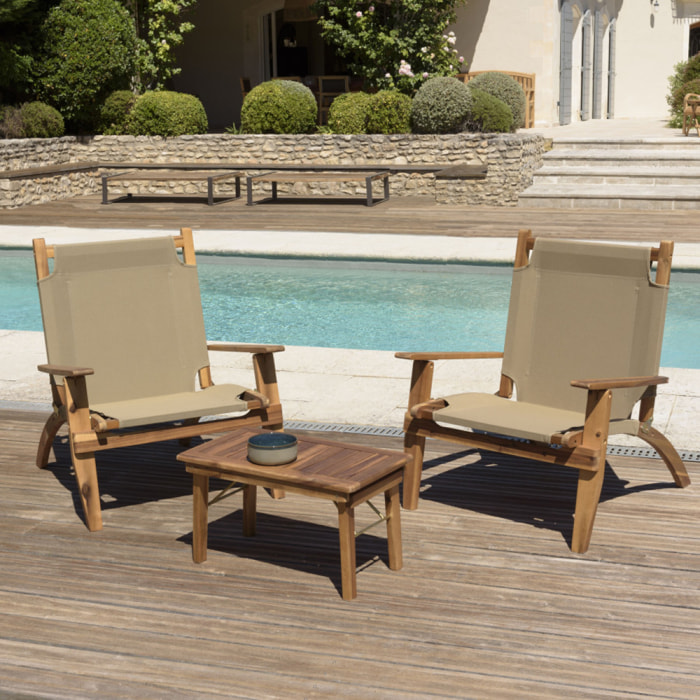 VICTOIRE - SALON DE JARDIN EN BOIS ACACIA 2 pers - 2 fauteuils et 1 table basse 63,5 x 36 cm