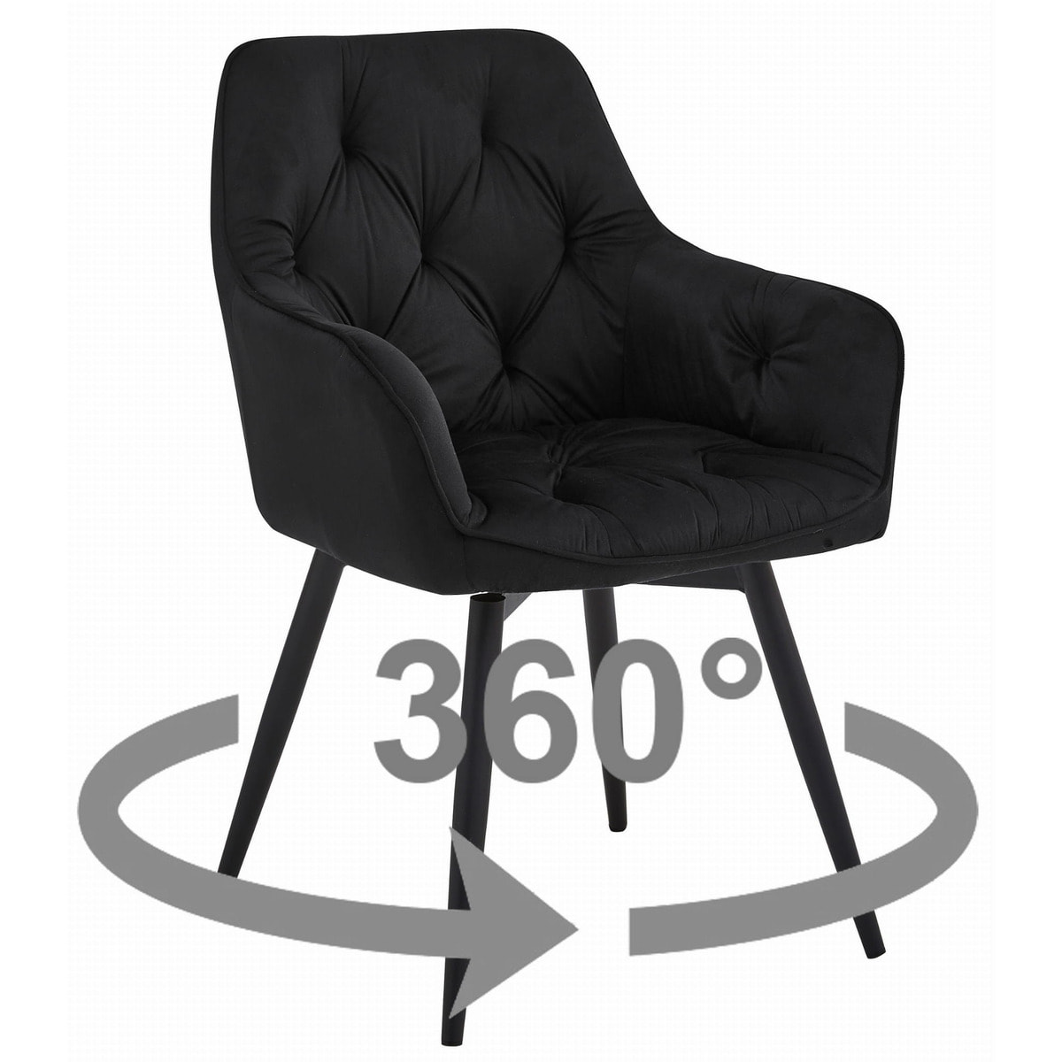 Sedia Girevole JORK360 in Velluto Nero con Gambe in Metallo