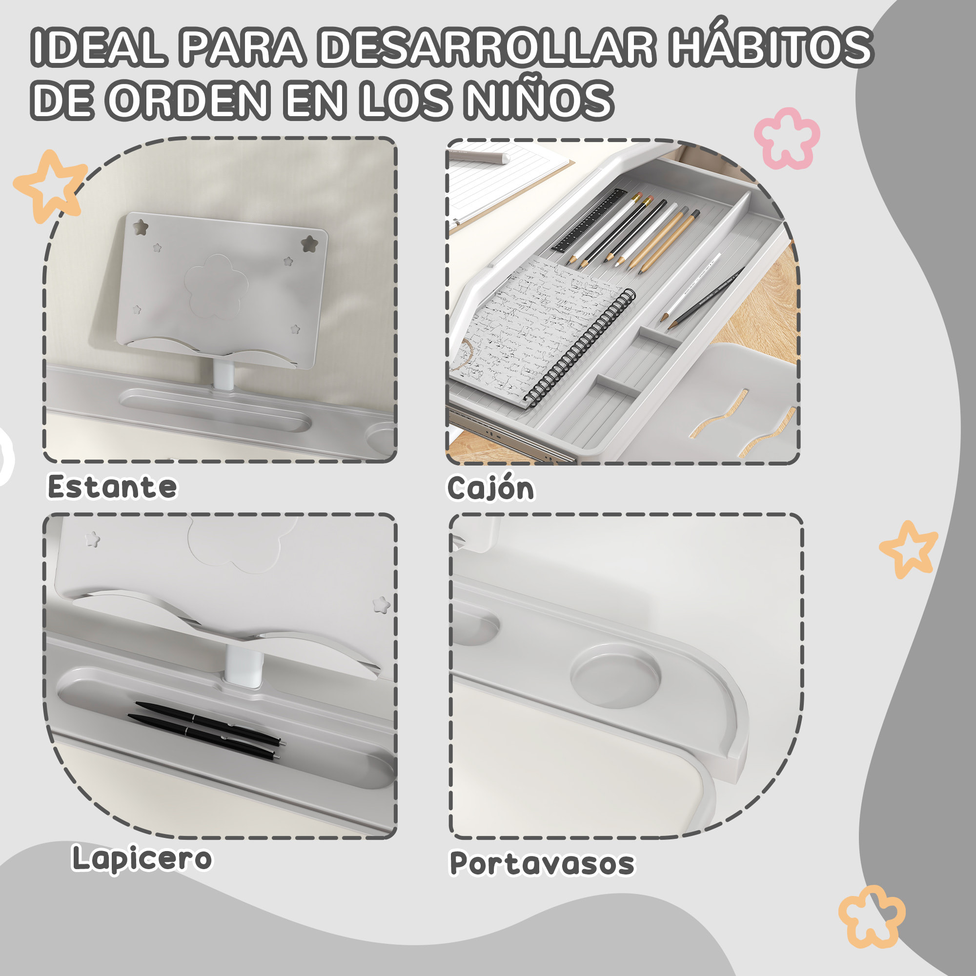 Juego de Escritorio y Silla para Niños de 6-12 Años Pupitre Infantil Altura Ajustable con 1 Cajón 1 Estante para Libros y Ángulo de Mesa Ajustable 80x49,5x82-104 cm Gris y Blanco