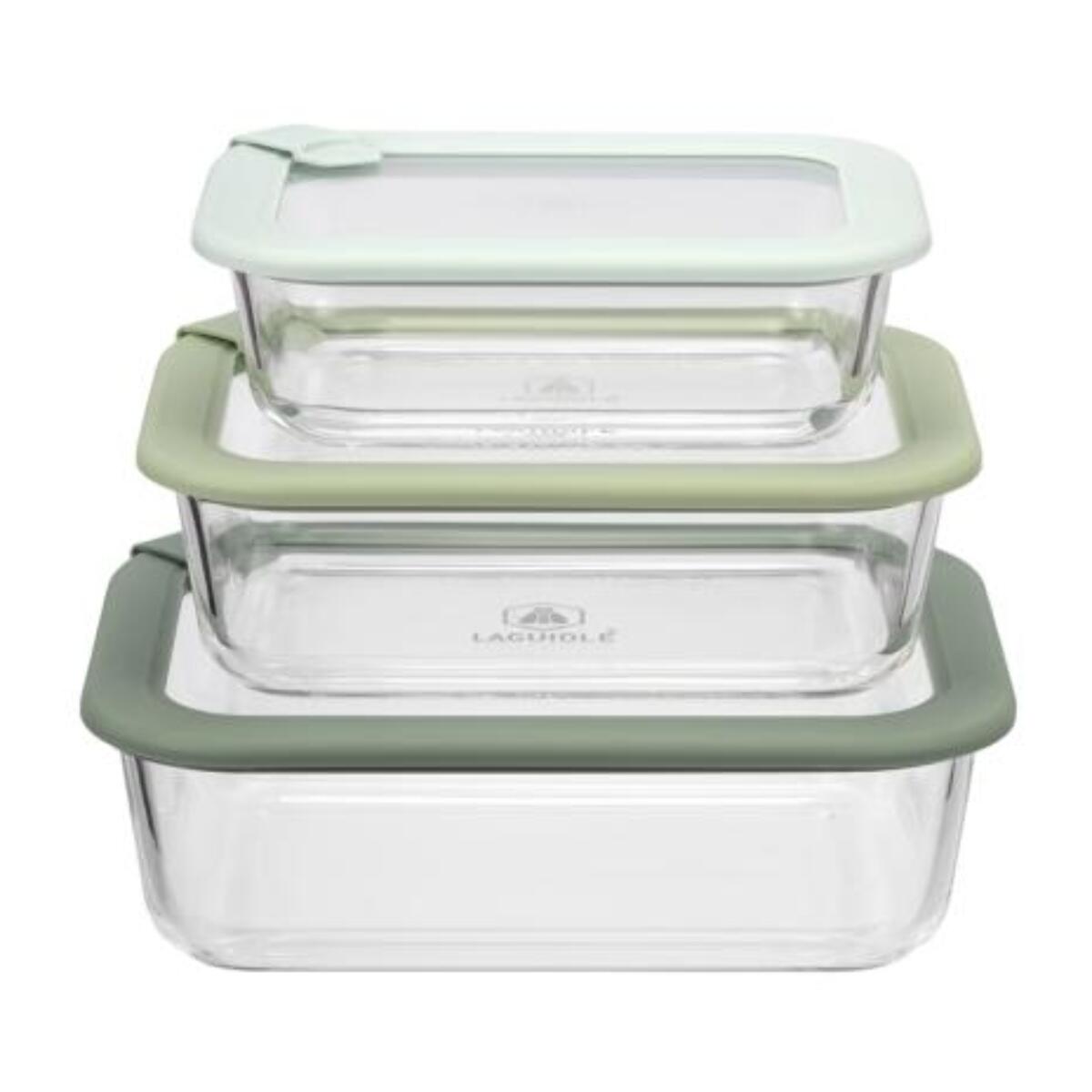 Lot de 3 boîtes en verre rectangulaires avec couvercle 640 1050 1520ml