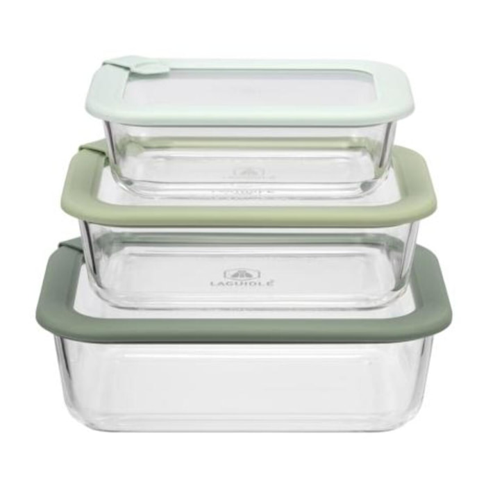 Lot de 3 boîtes en verre rectangulaires avec couvercle 640 1050 1520ml