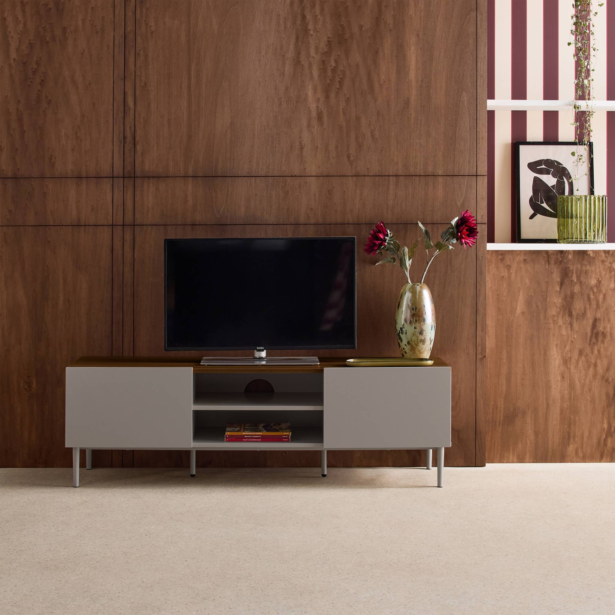 Meuble TV métal et décor bois 2 portes 140cm ASHTON
