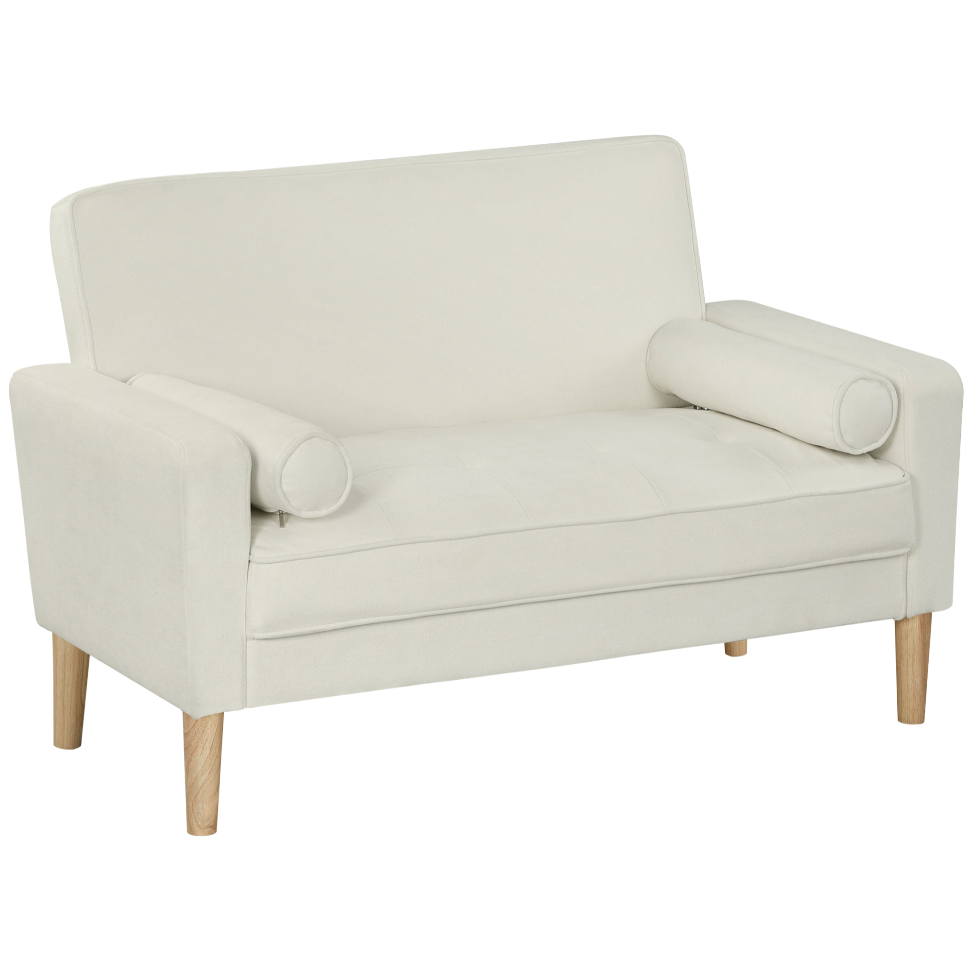 Sofá de 2 Plazas Tapizado en Terciopelo Sofá de Salón de 130 cm con Asiento Capitoné 2 Almohadas y Patas de Madera para Espacios Pequeños Dormitorio Sala de Estar Oficina Crema