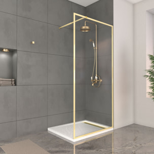 Paroi de Douche 100x200cm + Grille Finition Or Doré Brossé + Receveur Blanc effet pierre 100x80x4cm