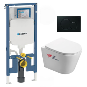 Pack WC Bati Geberit extra-plat + Cuvette Swiss Aqua Technologies sans bride fixations invisibles + plaque (SLIM-Infinitio-A)