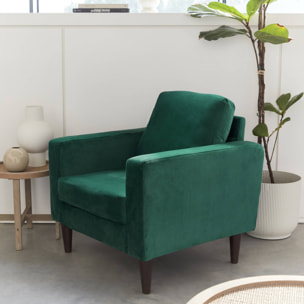 Fauteuil scandinave en velours vert anglais - Bjorn - Canapé 1 place fixe droit pieds bois d'hévéa effet bois de noyer