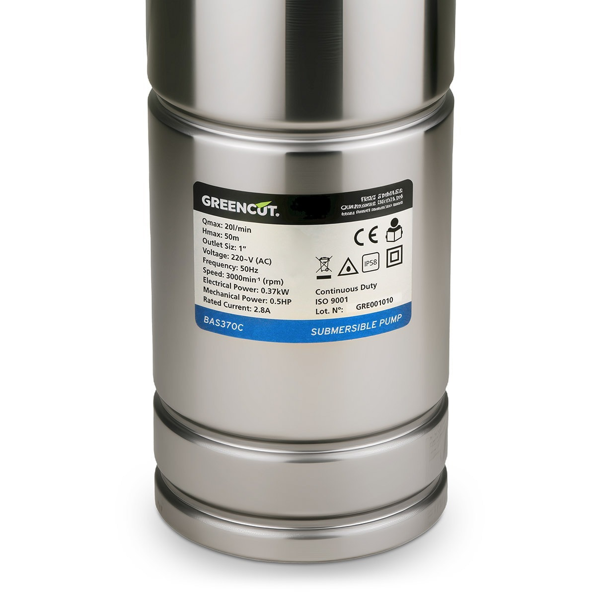 Bomba sumergible 370 W, caudal 20 L/min, altura máxima 50 m para aguas limpias - GREENCUT