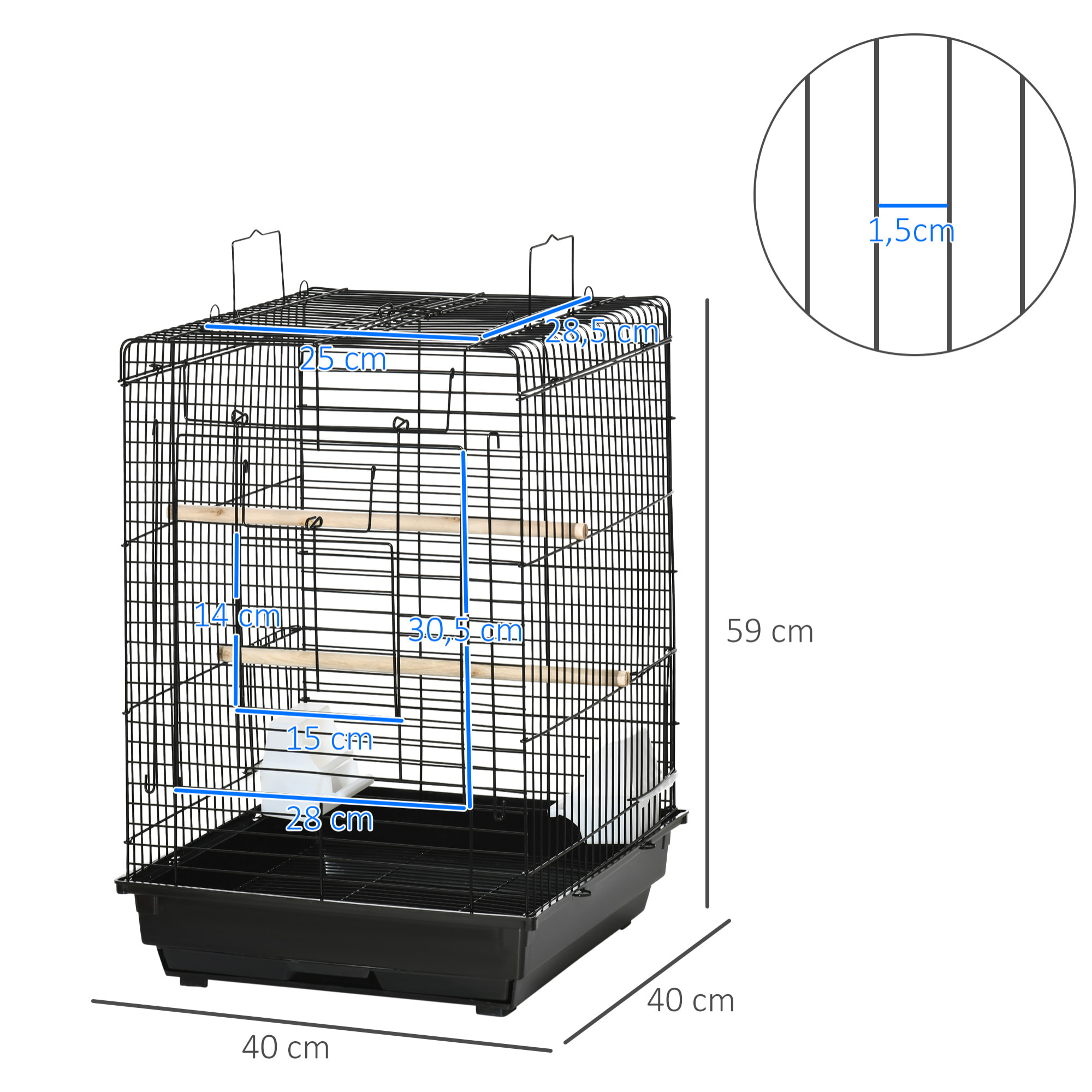 Jaula para Pájaros Jaula Metálica de Aves 40x40x59 cm con Techo Abatible 2 Perchas 2 Comederos y Bandeja Extraíble para Canarios Periquitos Negro