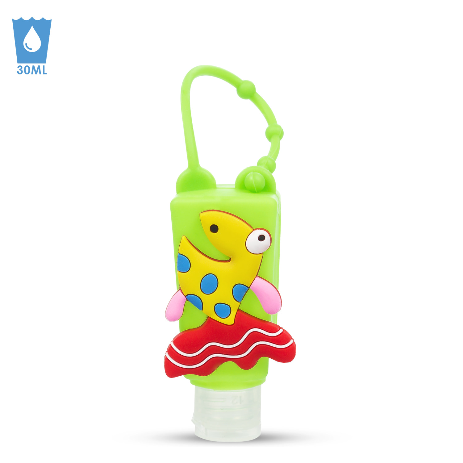 Portachiavi Bottiglia Disinfettante per Mani Alcol Ricaricabile 30ml. Design pesce.