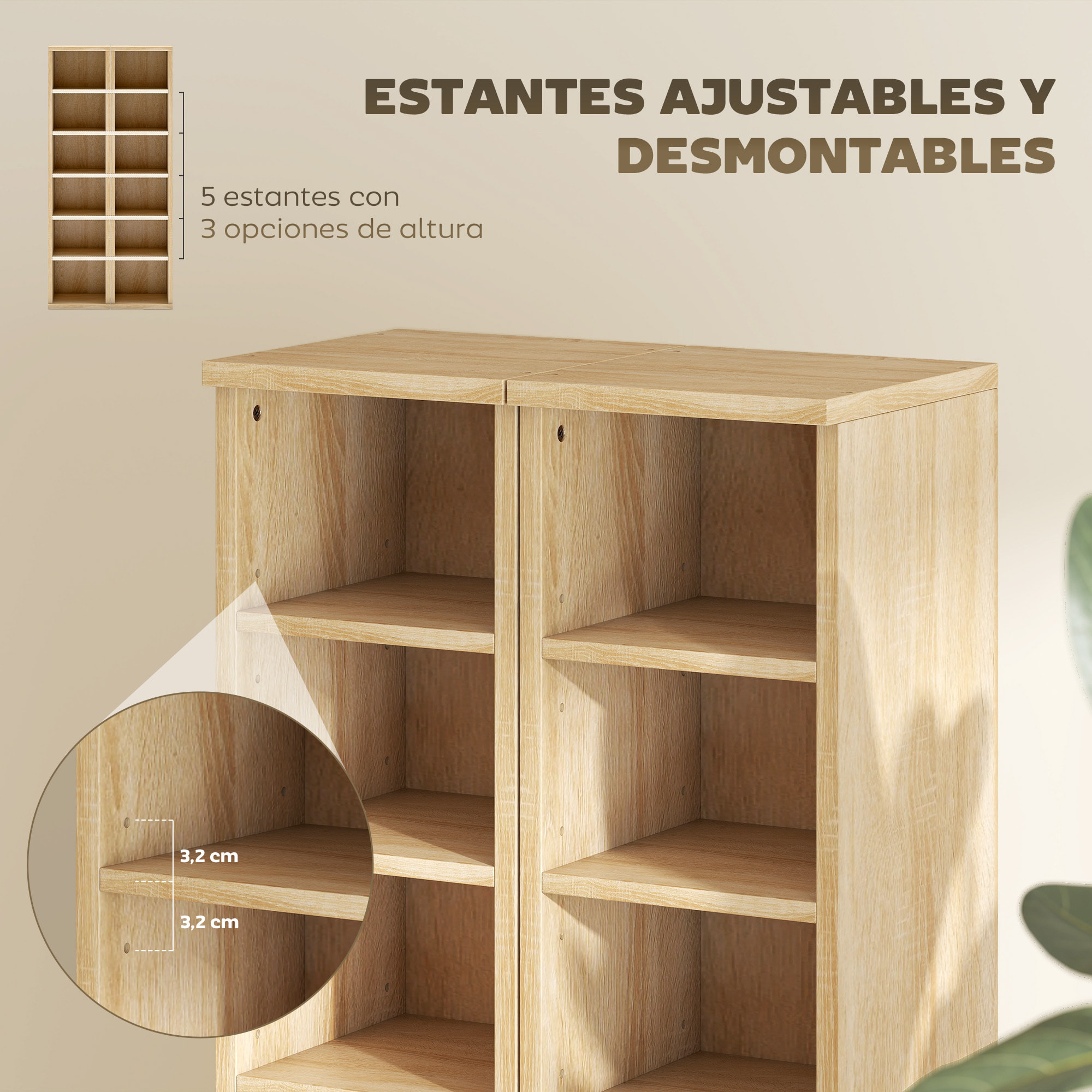 Set de 2 Estanterías para CDs y DVDs, Soportes para CD Estrechos con 12 Compartimentos, Estantes Ajustables, Estanterías para Salón, Oficina, 21x22,5x88,5 cm, Roble