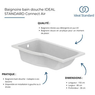 Ideal Standard baignoire pour bain douche 150x80 asymétrique Connect Air gauche blanc