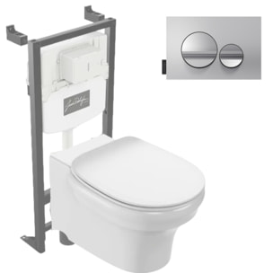 Pack WC suspendu sans bride à économie d'eau Cléo 1889 +  abattant + bâti-support + plaque ronde chromé