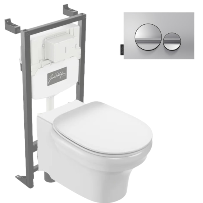 Pack WC suspendu sans bride à économie d'eau Cléo 1889 +  abattant + bâti-support + plaque ronde chromé