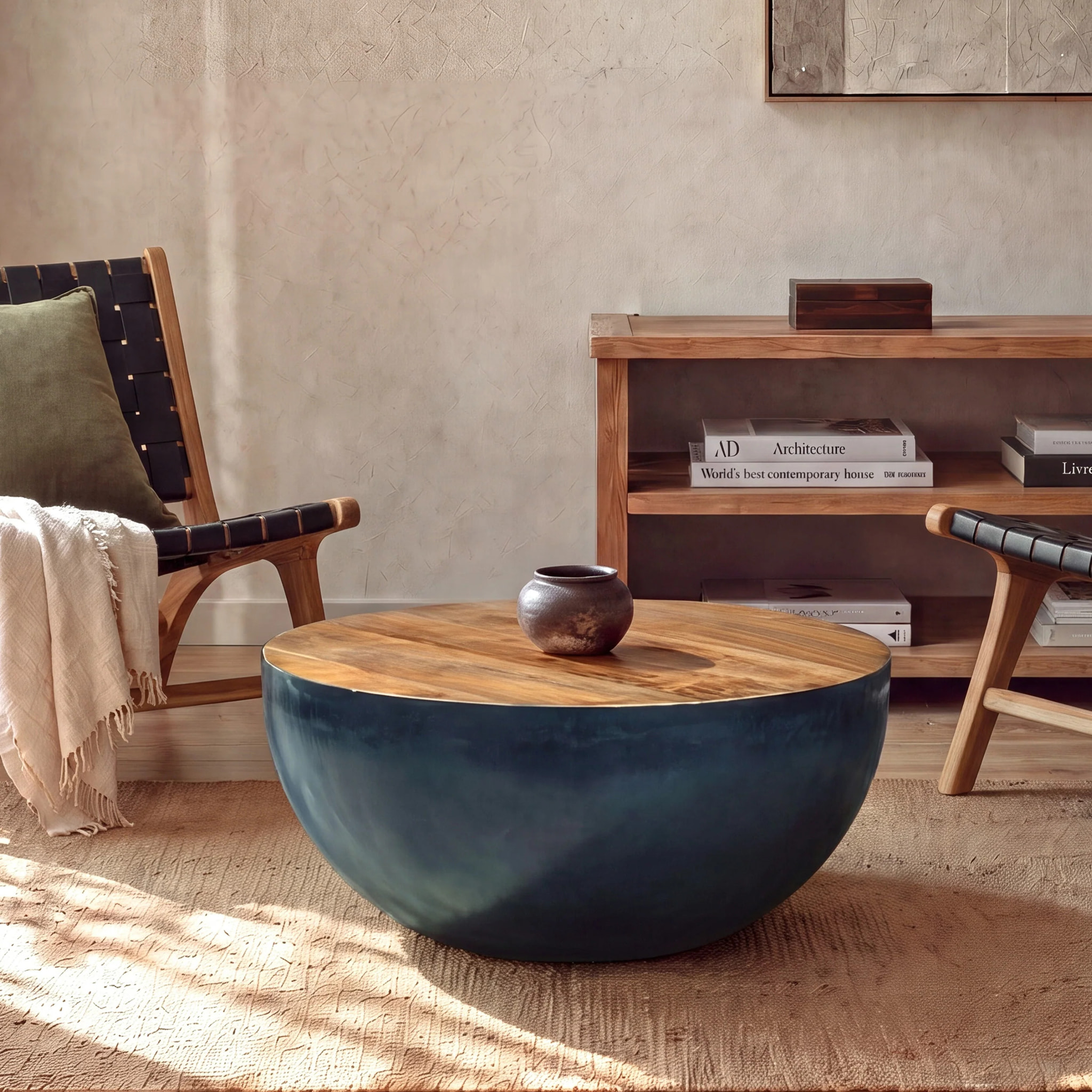 Table basse ronde en bois massif et métal D70 cm - Tajy