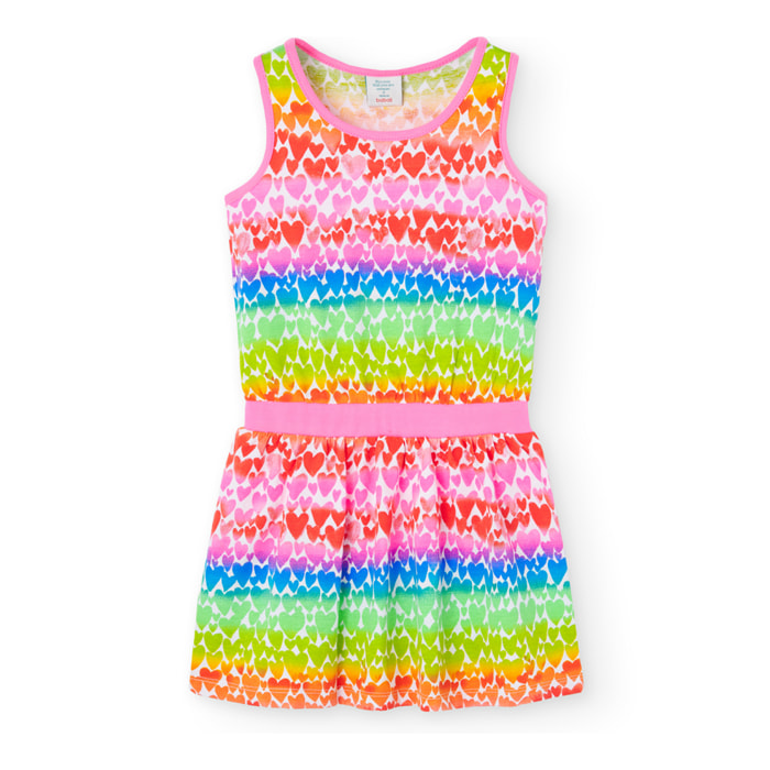 Vestido niña estampado, corazones, rojo, tirantes