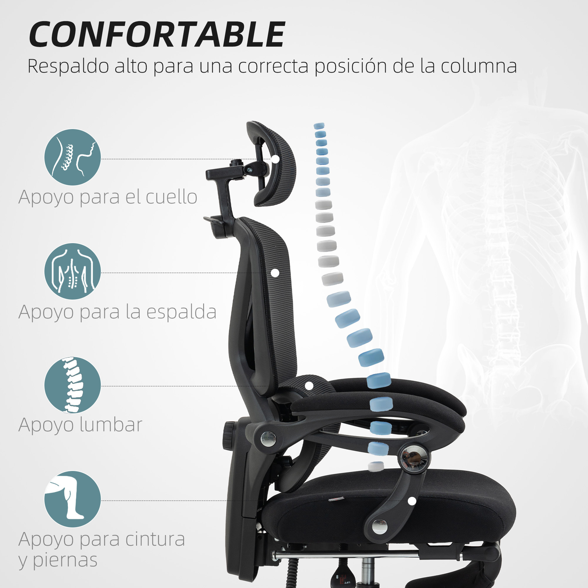 Silla de Escritorio de Malla Silla de Oficina Reclinable con Reposacabezas Soporte Lumbar Reposapiés y Altura Regulable Función de Basculante Carga 135 kg Negro