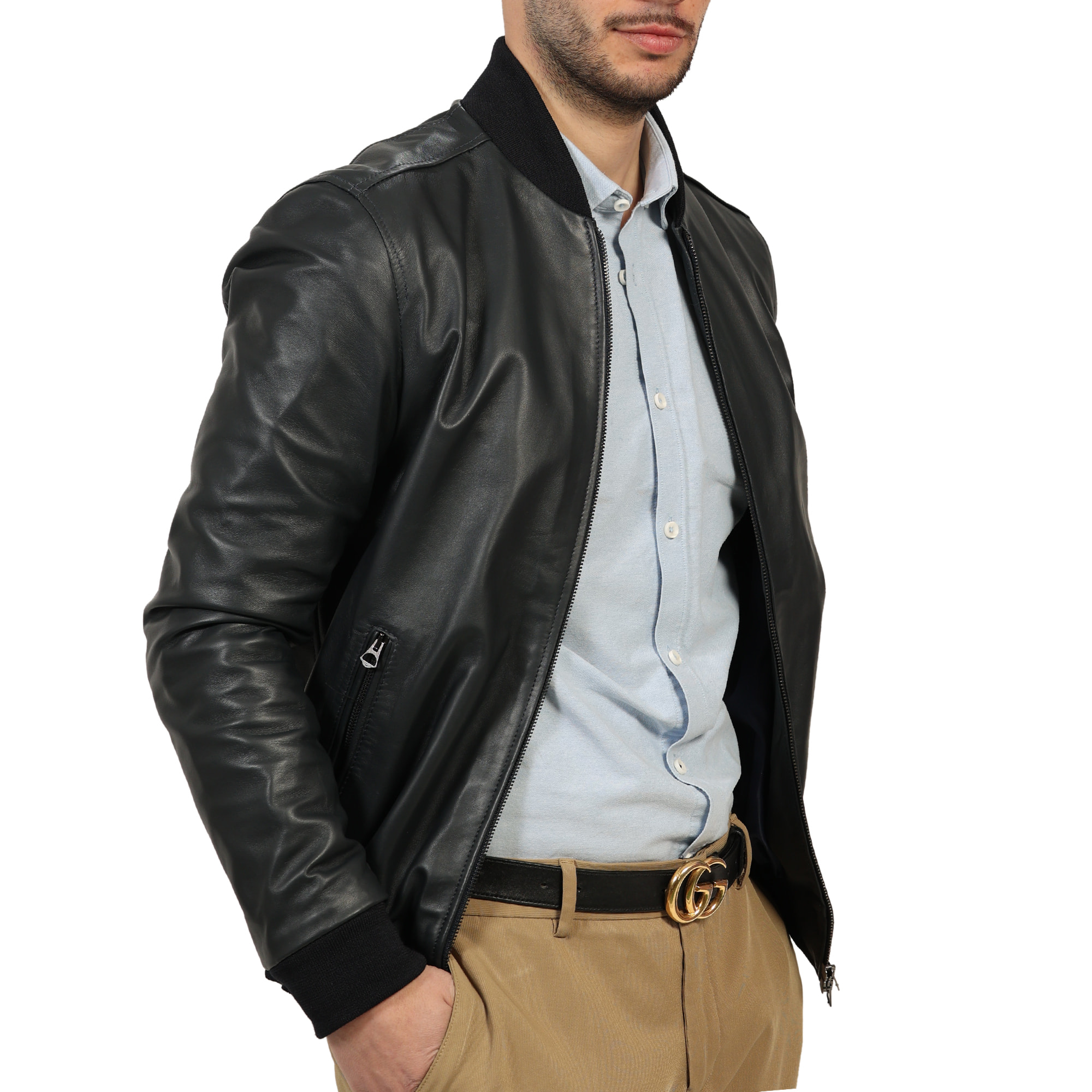 Giubbino in vera pelle di vitello Blu-Slim Fit