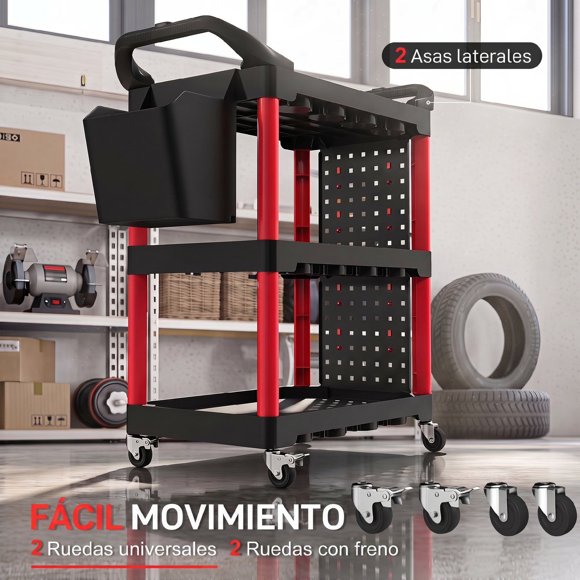 Carro de Taller de 3 Niveles, Carro de Herramientas con Paneles Perforados, Asa Lateral, Ganchos, Cubeta, para Garaje Mecánico, Hogar, Negro y Rojo
