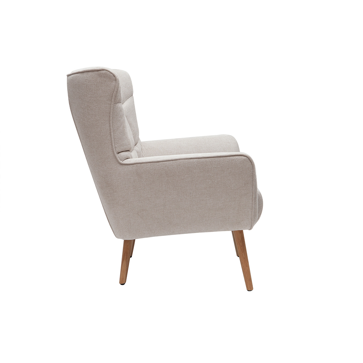 Fauteuil scandinave en tissu effet velours texturé beige et bois clair AVERY