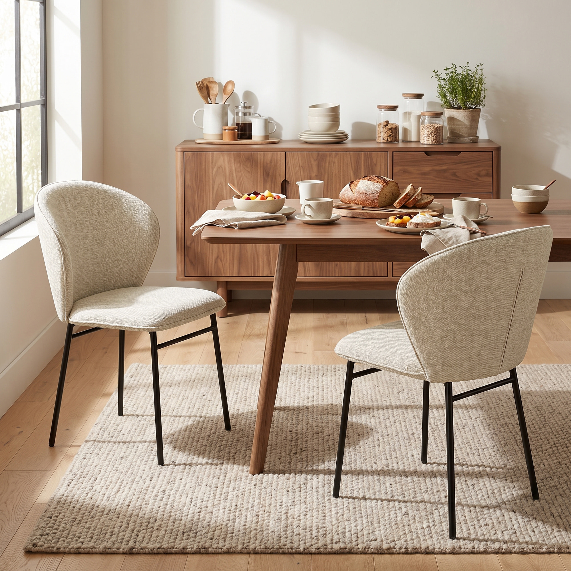Lot de 2 chaises grand confort dossier enveloppant piètement acier noir revêtement tissu aspect lin beige
