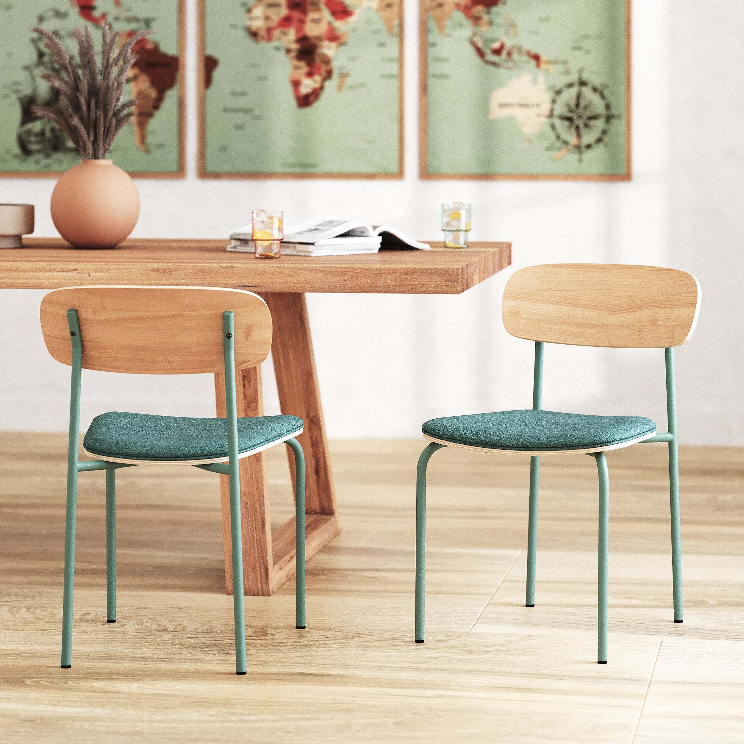 Lot de 2 chaises en bois clair et tissu bleu canard - Alba