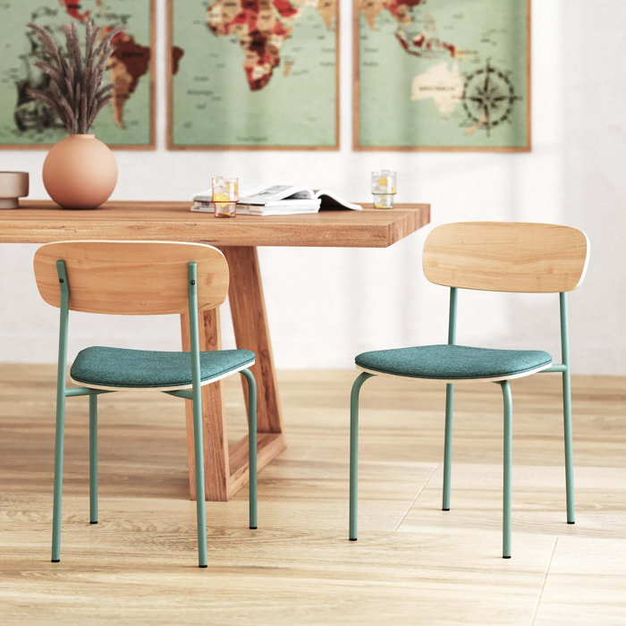 Lot de 2 chaises en bois clair et tissu bleu canard - Alba