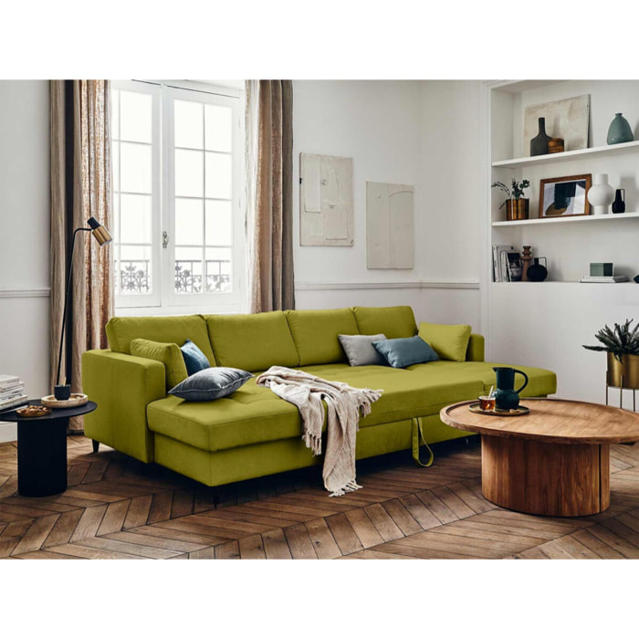Anna - canapé panoramique en U - 7 places - convertible avec coffre - en velours - Vert Olive