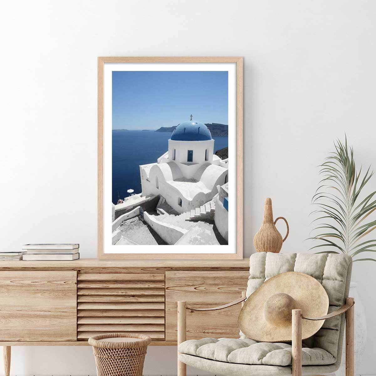 Poster dôme bleu santorin Affiche sous cadre bois