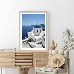 Poster dôme bleu santorin Affiche sous cadre bois