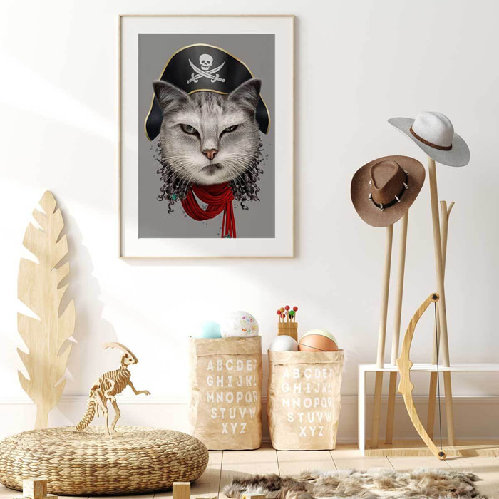 Affiche enfant chat pirate  Affiche + cadre en bois - Chêne